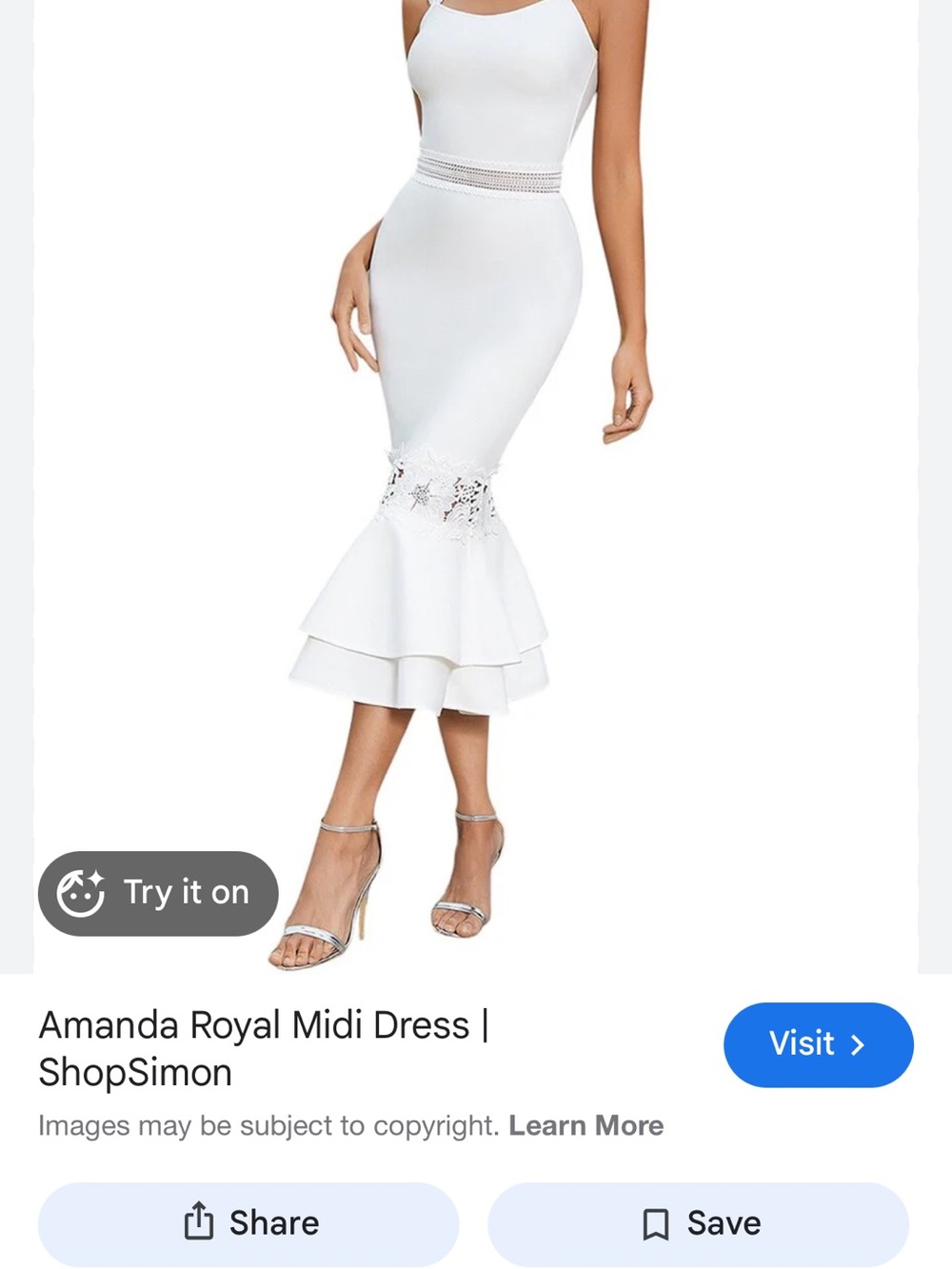 Amanda Royal White Midi Dress with Lace-Trim Flounce